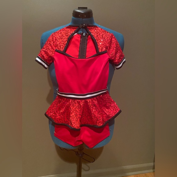 1 piece Black and red Weissman SC dance costume with Sequins. Shorts on bottom. - Picture 3 of 3